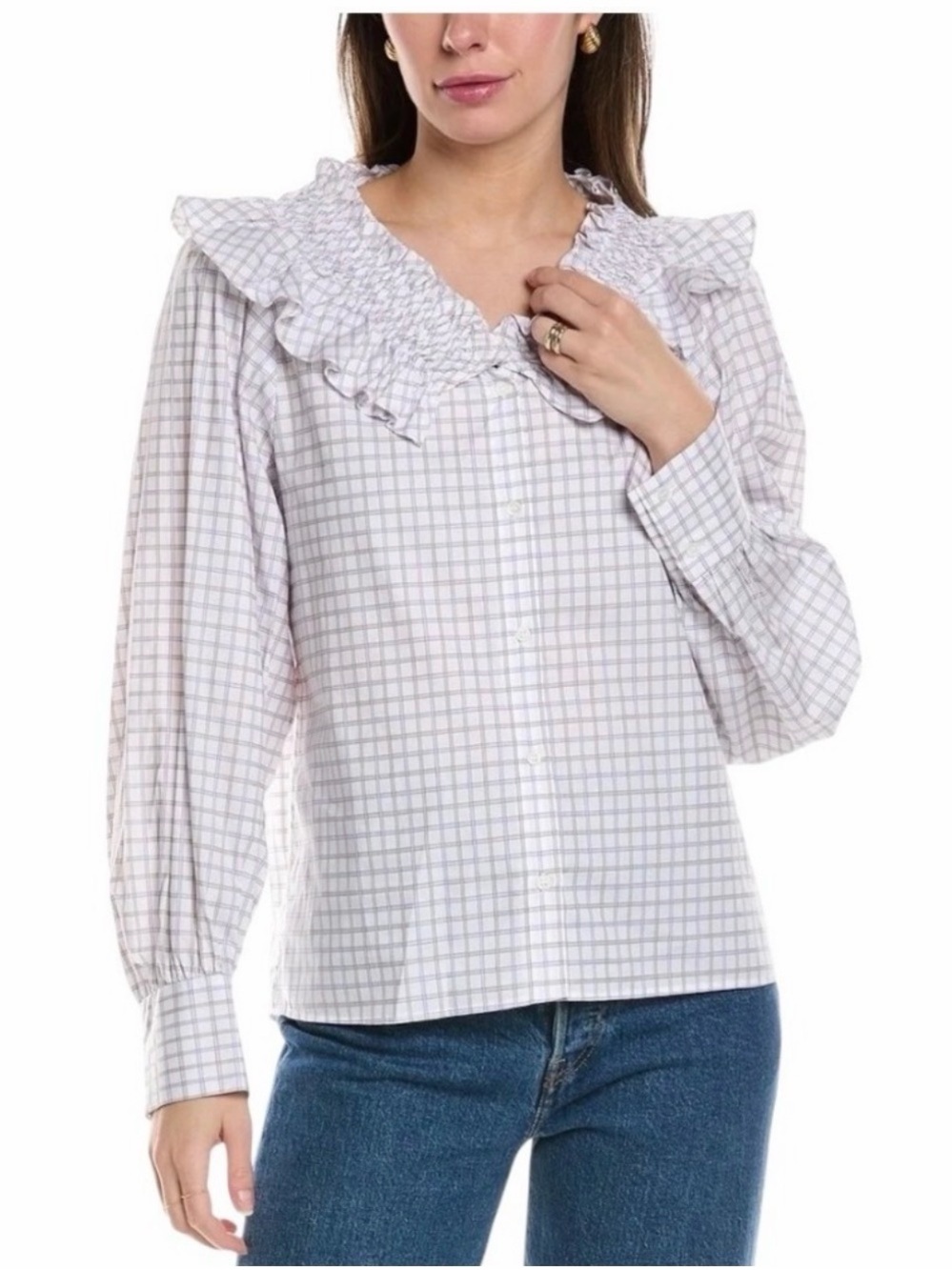 Sandro Devie Check Ruffle-Collar Blouse XS